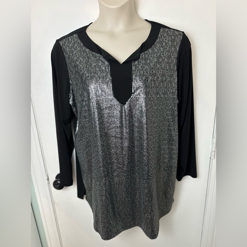 Quacker Factory Sequin Sparkle Long Sleeve Holiday Top Size 1X #1516